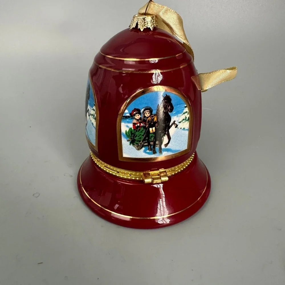Vintage Porcelain Musical Bell Ornament Hinged Trinket Box Burgundy Gold‎ Sleigh